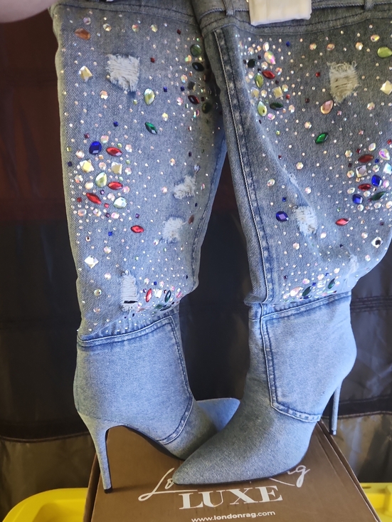 London Rag Shoes - Denim Light Blue Rhinestone Embellished Denim Stiletto Ankle Boots